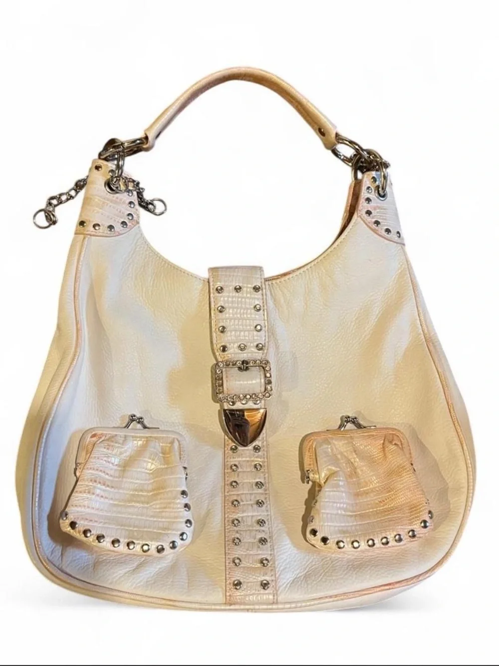 Cream Stud-Accent Hobo Bag with Buckle Detail - Picture 1 of 3